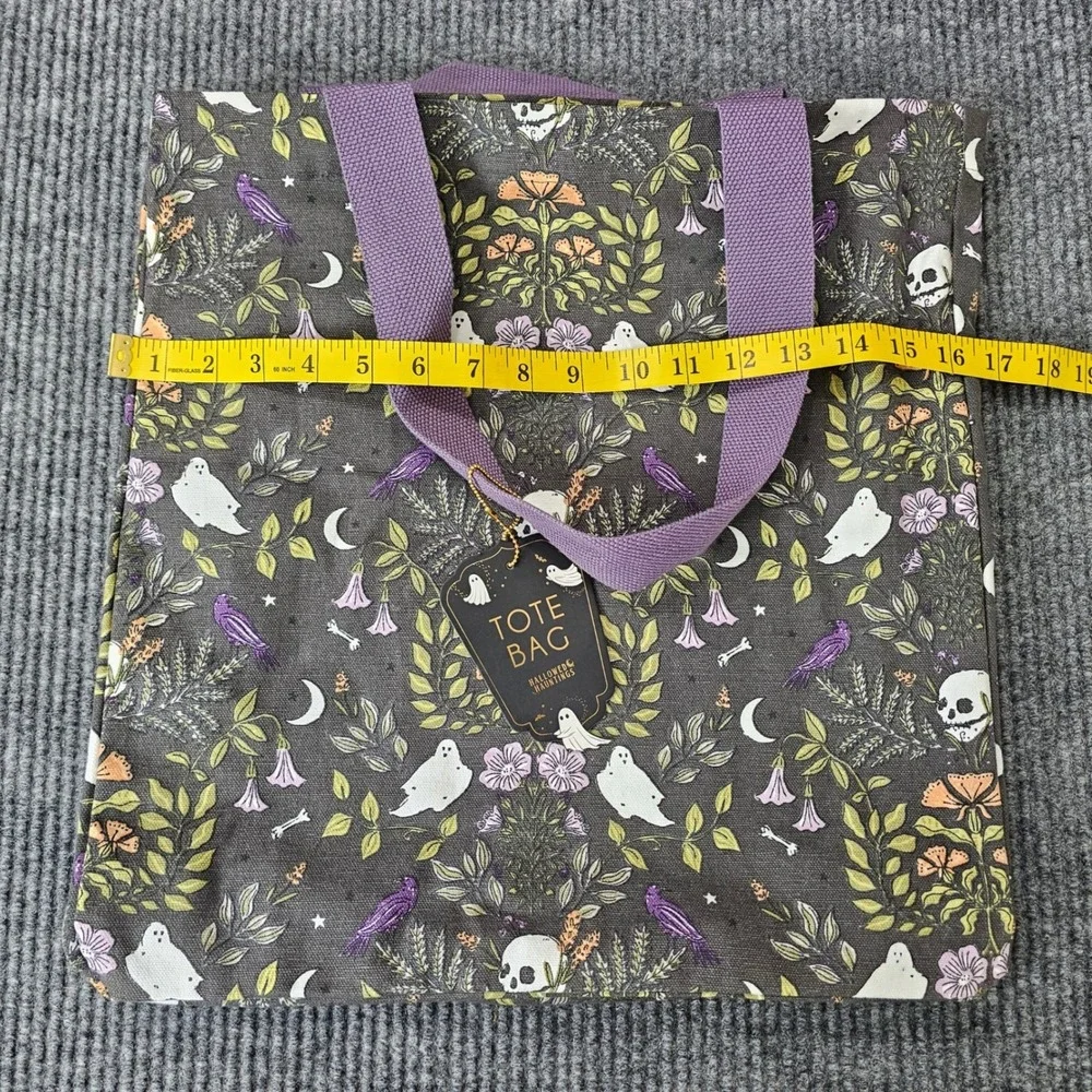 Hallowed Hauntings Tote Bag Unisex OS Black Ghost Skull Floral Halloween Canvas